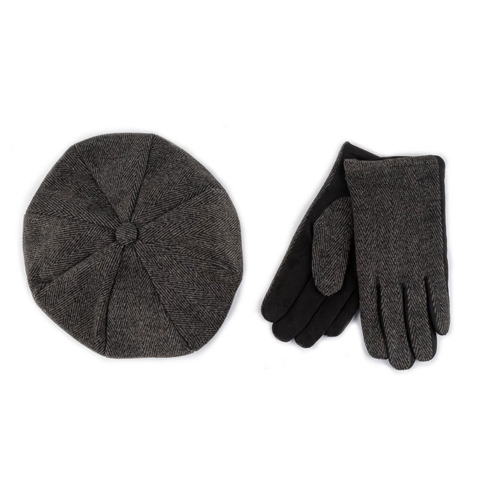 totes Mens Baker Boy Tweed Cap and Gloves with Suede Palm Gift Set Black Extra Image 1